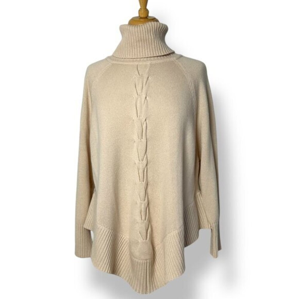 NWT Plush Cashmere Cream Turtleneck Oversized Tenn Cable Poncho Sweater Sz S